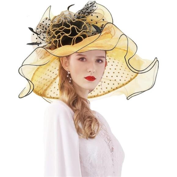 Women Hat Wide Brim Tea Party Fascinator Yellow Black - Picture 2 of 6
